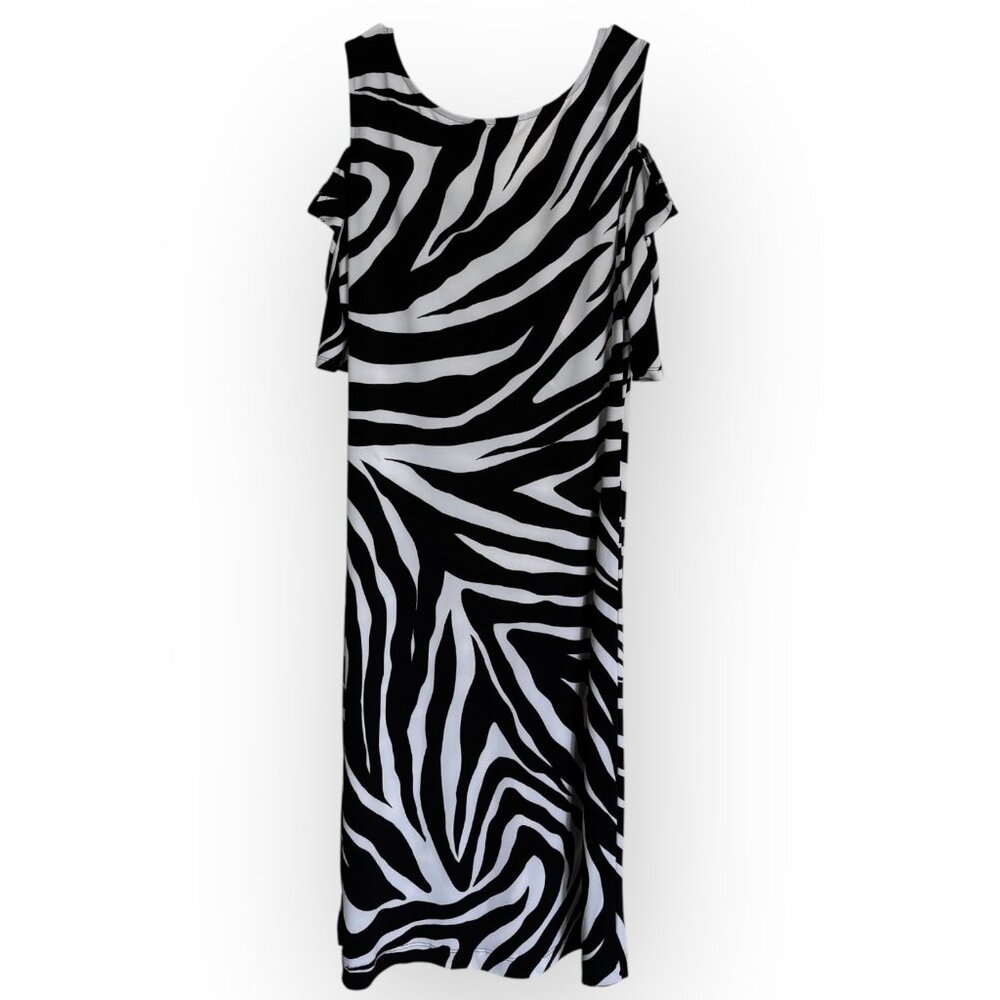Chicos Size 0 Dress Zebra Print Cold Shoulder Womens Small Black White Brunch
